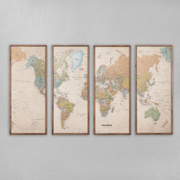 Set Of 4 Panels Wood Vintage Worldmap