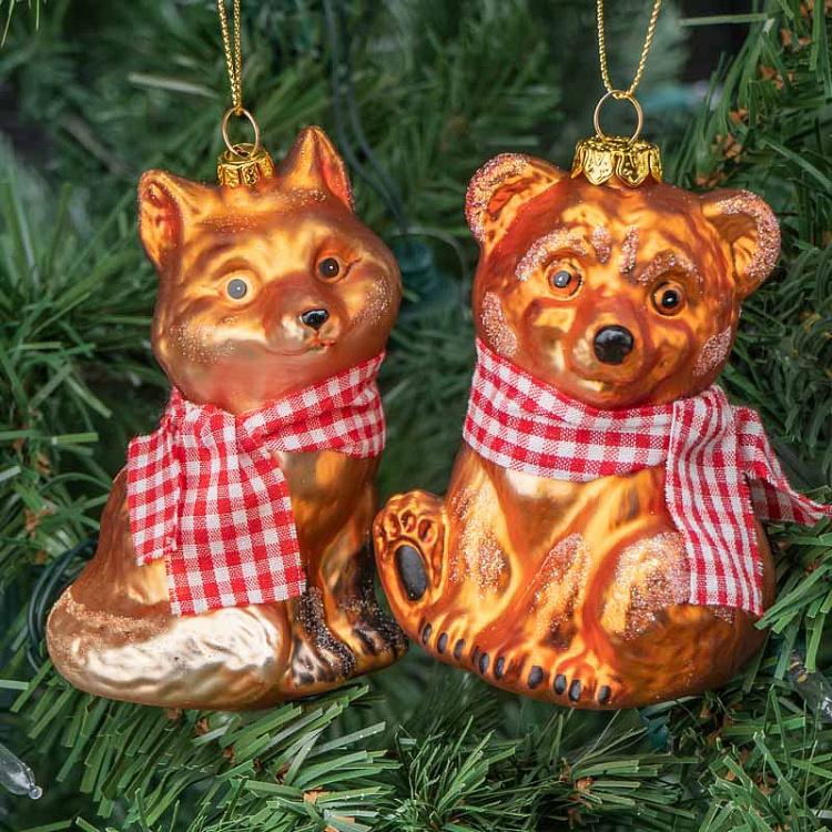 Набор из 2-х ёлочных игрушек Медведь и лиса в шарфе тартан Set Of 2 Glass Tartan Scarf Bear And Fox Brown 10 cm