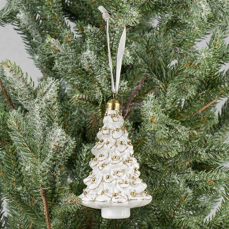 Ёлочная игрушка Белая ёлочка с золотыми бусинами Gold Beads Christmas Tree Ball White 12 cm