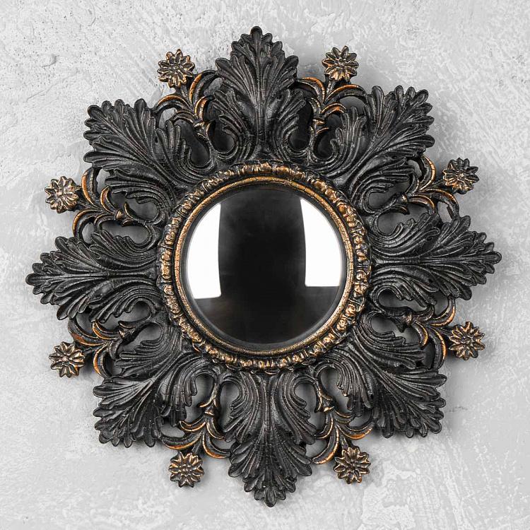 Выпуклое зеркало в раме с чёрными листьями и цветами Black Leaves And Flowers Convex Mirror