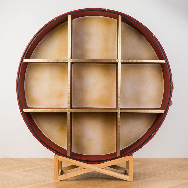 Деревянный стеллаж в виде барабана с латунным обрамлением на подставке, L Regiment Brass Drum Bookcase Large With Stand