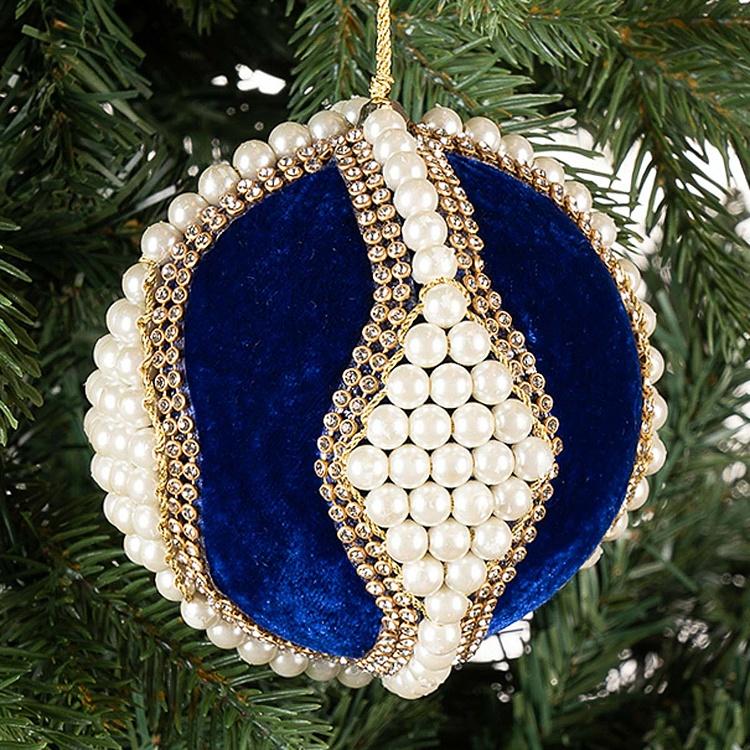 Ёлочная игрушка Синий бархатный шар с жемчужинами Velvet Ball With Pearls Blue 10 cm