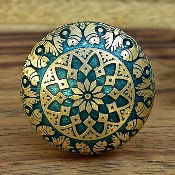 Fish Motif Etched Brass Knob Turquoise