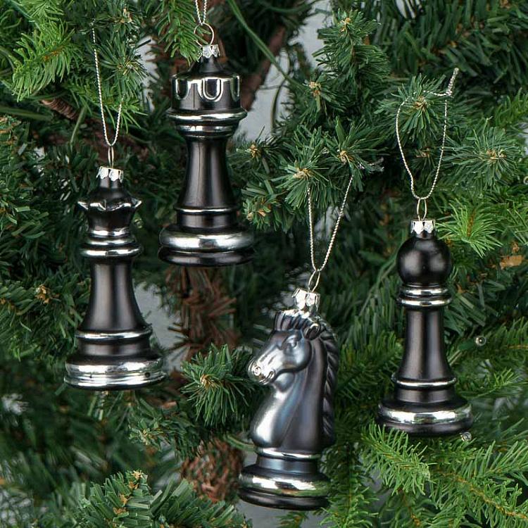 Набор из четырёх стеклянных ёлочных игрушек Чёрные шахматы Set Of 4 Glass Chess Black 10 cm