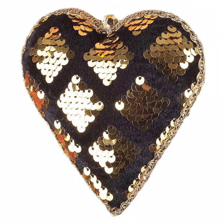 Ёлочная игрушка Чёрно-золотое сердце с пайетками Sequins Heart Black And Gold 12 cm