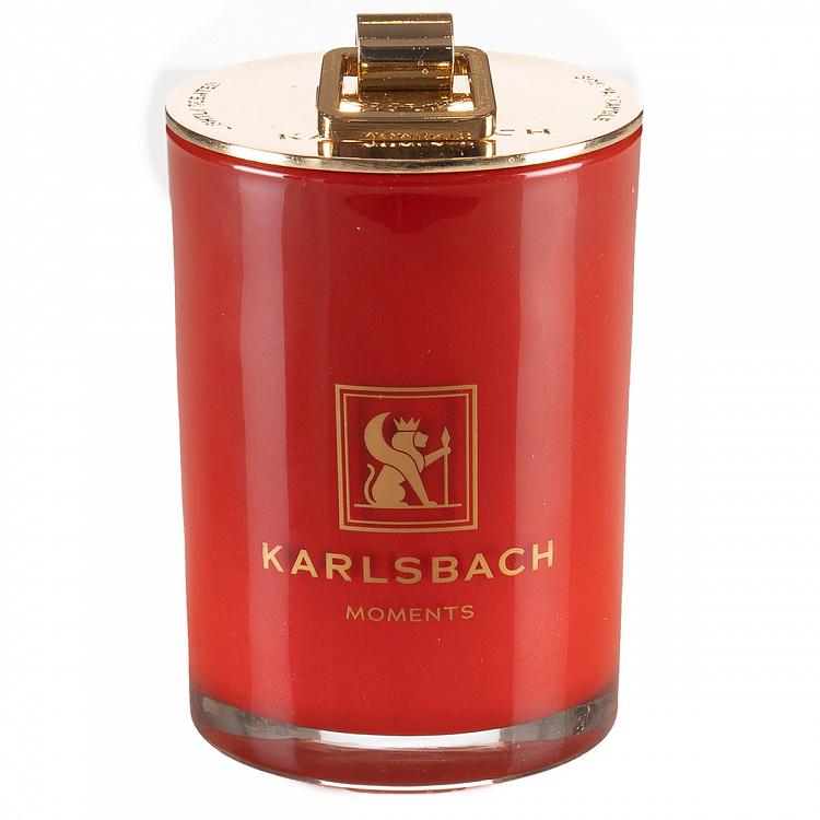 Арома-свеча в красном стакане с золотой крышкой Цветы апельсина Aroma Candle In Red Glass With Gold Lid Orange Blossoms