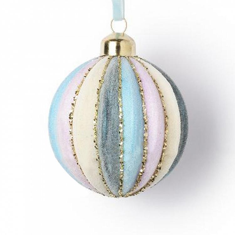 Ёлочная игрушка Розово-бирюзовый бархатный шар в полоску Velvet Striped Ball Pink Turquoise 8 cm