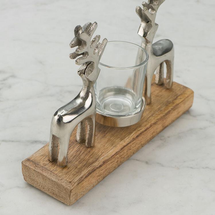 Подсвечник с двумя оленями на деревянной подставке 2 Deer Candle Holder