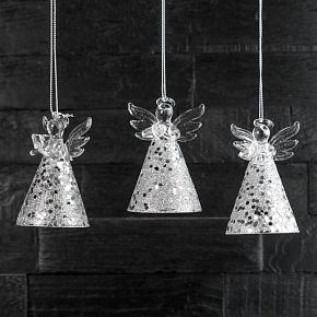 Set Of 3 Glass Glitter Angels Silver 8 cm