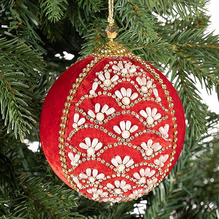 Pearl Ornament Velvet Ball Red 10 cm