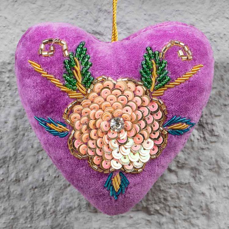 Ёлочная игрушка Лиловое сердце с бисером Heart Purple 10 cm