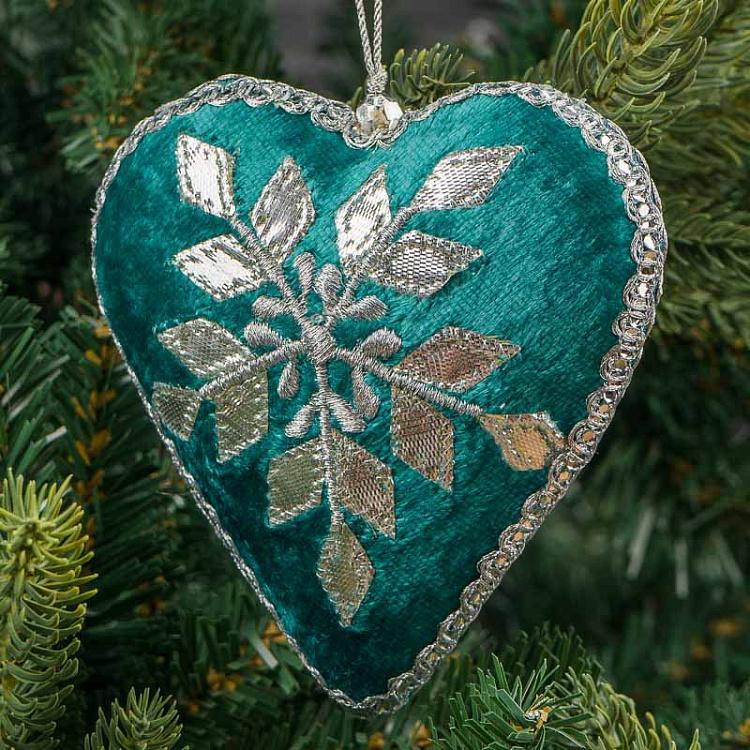 Ёлочная игрушка Бирюзовое сердце с серебряным орнаментом Heart With Silver Pattern Turquoise 12 cm