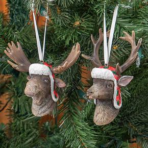Set Of 2 Deer And Moose Heads With Hat Brown 13,5 cm