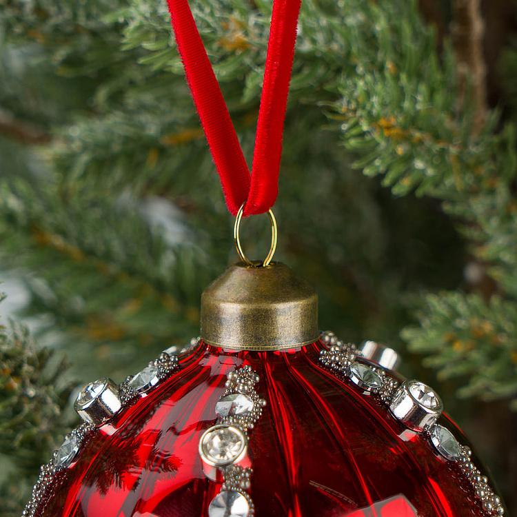 Ёлочная игрушка Красный шар со стразами Ball With Rhinestones Red 8 cm