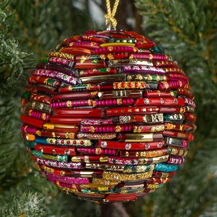 Ёлочная игрушка Разноцветный шар Бухара Multi-Colored Beads Ball Red 7 cm