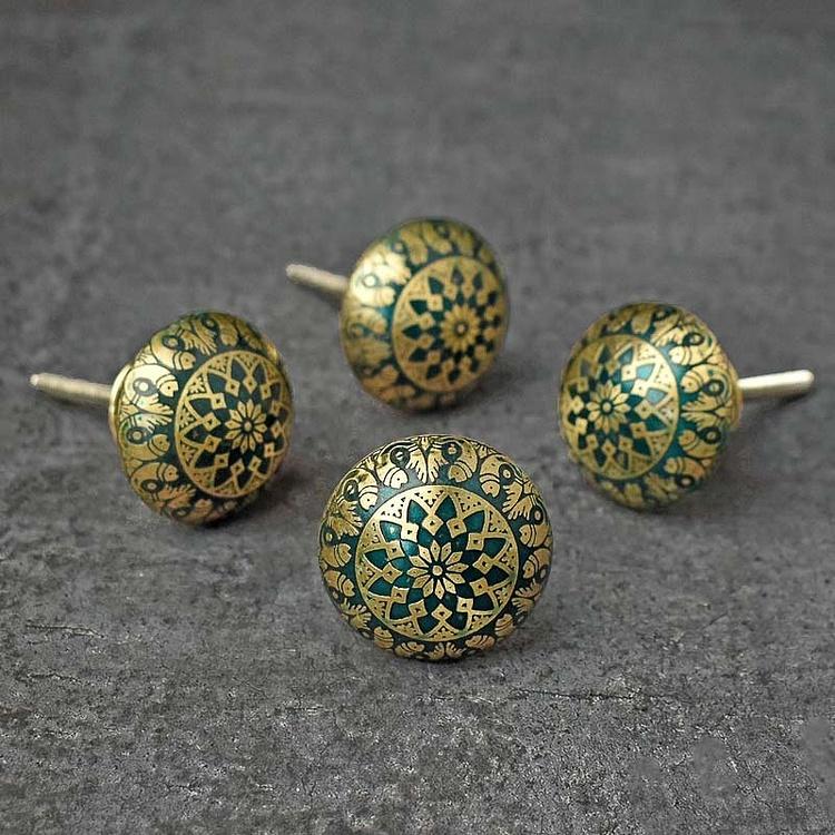 Мебельная ручка из латуни с травлением Рыбки, бирюзовая Fish Motif Etched Brass Knob Turquoise