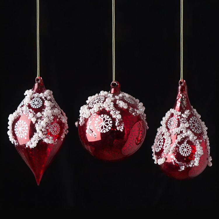 Набор из 3-х ёлочных игрушек красного цвета с белыми снежинками Set Of 3 Glass Snowflake Drop Balls Red 10 cm