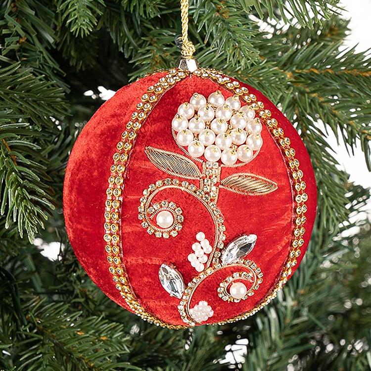 Ёлочная игрушка Красный бархатный шар с узором из бисера Bead Pattern Velvet Ball Red 10 cm