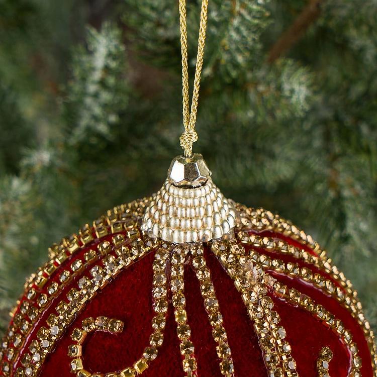 Ёлочная игрушка Красный бархатный шар с узором из страз Rhinestone Pattern Velvet Ball Red 10 cm