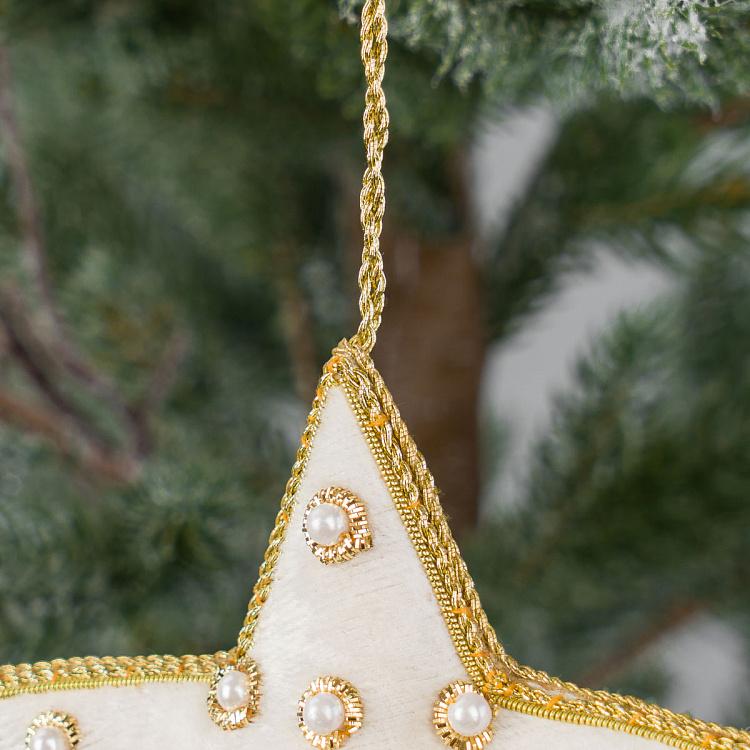 Ёлочная игрушка Белая барахатная звезда с жемчужинками White Velvet Star With Pearls 10 cm