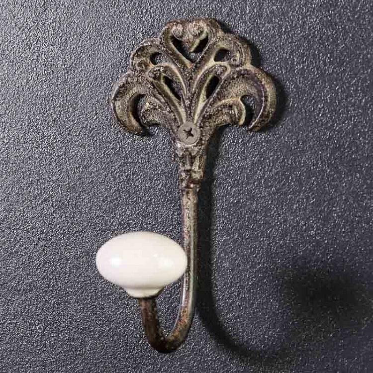 Small Hook Versailles With Porcelain Knob Iron Antic