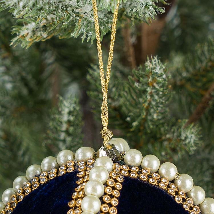 Ёлочная игрушка Синий бархатный шар с жемчужинами Velvet Ball With Pearls Blue 10 cm