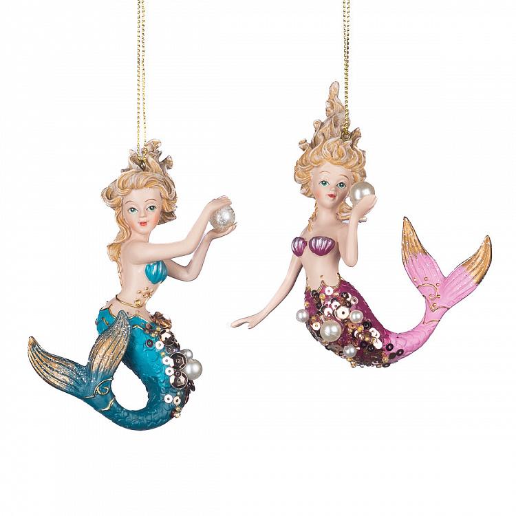 Набор из двух ёлочных игрушек Русалки Set Of 2 Pearl Botanica Mermaids Pink Blue 9,5 cm