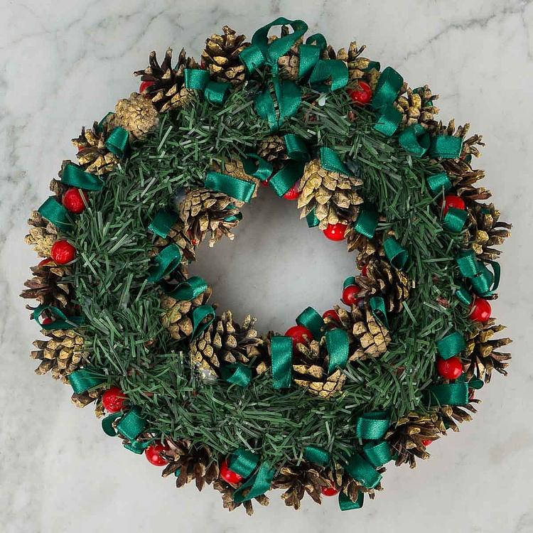 Новогодний венок с ягодами и зелёными лентами Wreath With Berries And Ribbons 25 cm