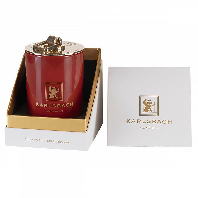 Арома-свеча в красном стакане с золотой крышкой Цветы апельсина Aroma Candle In Red Glass With Gold Lid Orange Blossoms