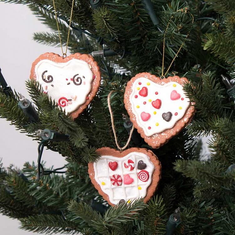 Набор из 3-х ёлочных игрушек Печенье в форме сердец Set Of 3 Clay Cookie Hearts White 7,5 cm