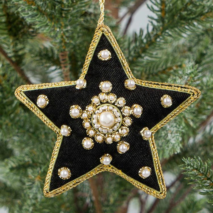 Ёлочная игрушка Чёрная бархатная звезда с жемчужинками Black Velvet Star With Pearls 10 cm