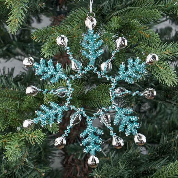 Ёлочная игрушка Серебристая снежинка с бирюзовыми стразами Turquoise Stones Snowflake Silver 19 cm