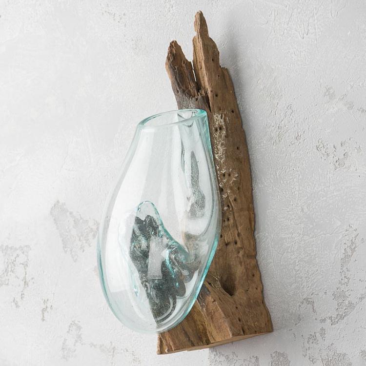 Настенная стеклянная ваза на основании из корней тика Vase Mural En Verre Sur Support Racine