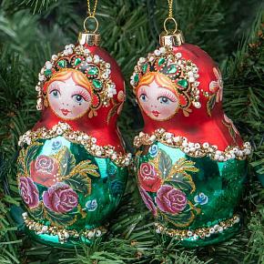 Set Of 2 Glass Matryoshka Dolls Red/Green 10,5 cm