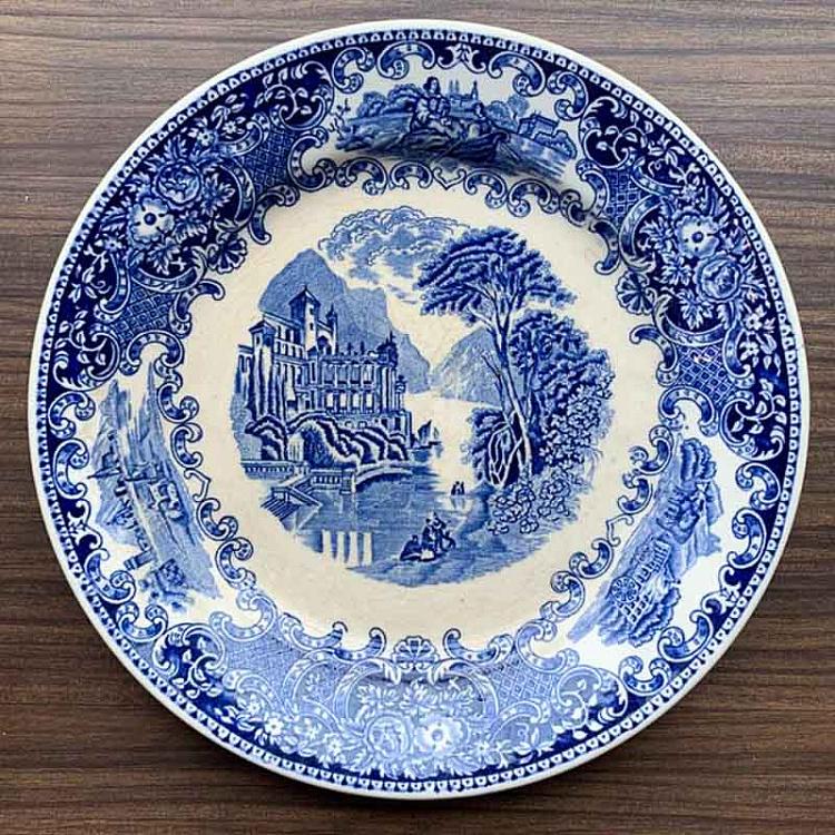 Винтажная тарелка белая с голубым мотивом 3, L Vintage Plate Blue White Large 3