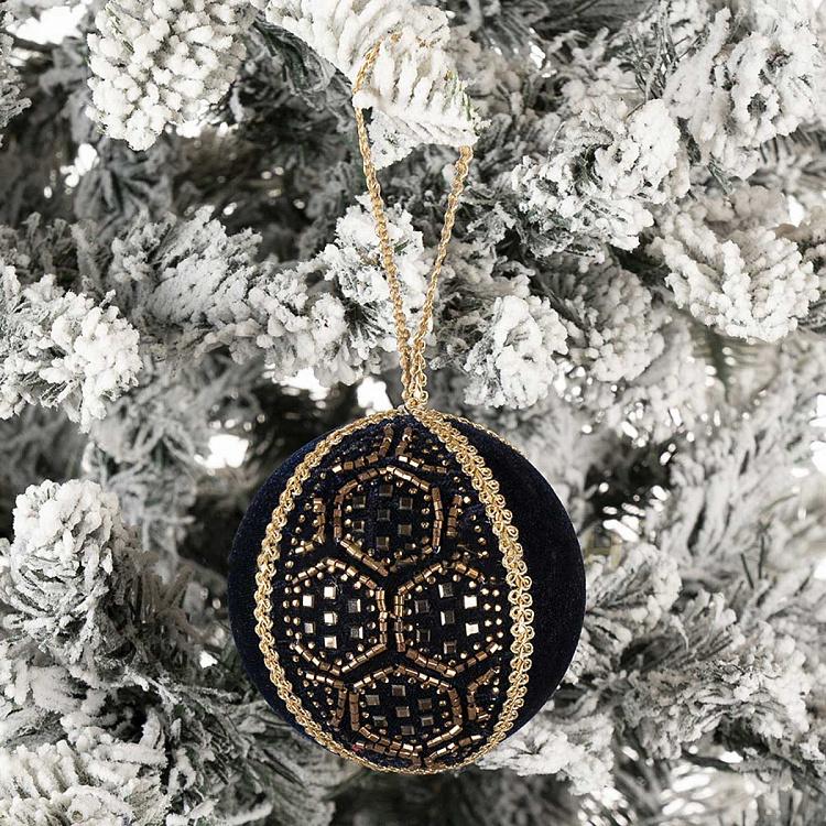 Ёлочная игрушка Чёрный текстильный шар с золотистым узором Gold Pattern Textile Ball Black 9 cm