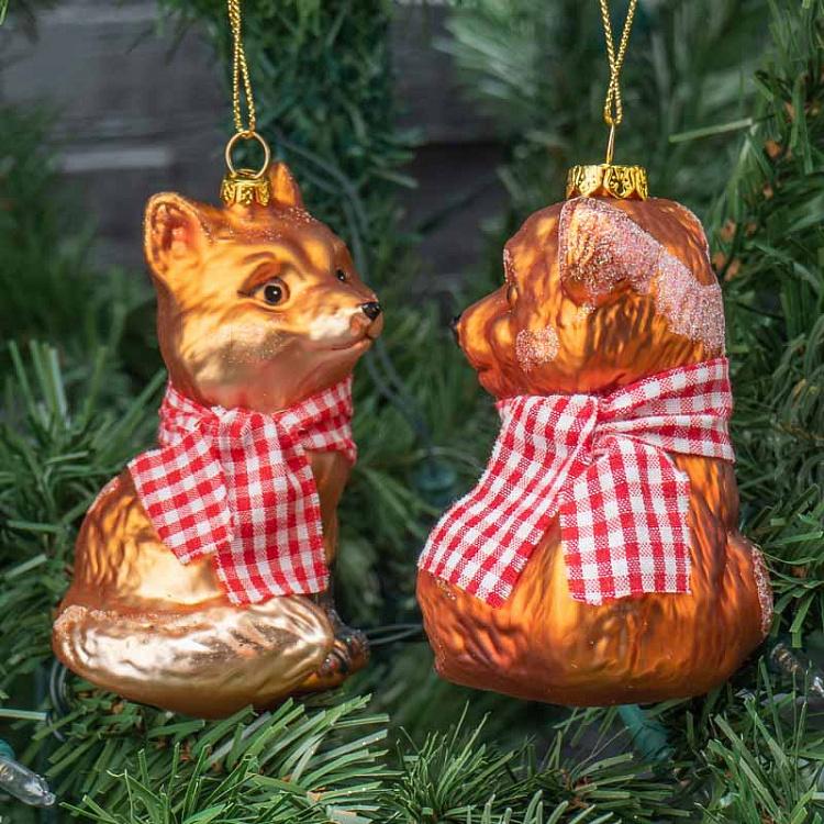 Набор из двух ёлочных игрушек Медведь и лиса в шарфе тартан Set Of 2 Glass Tartan Scarf Bear And Fox Brown 10 cm