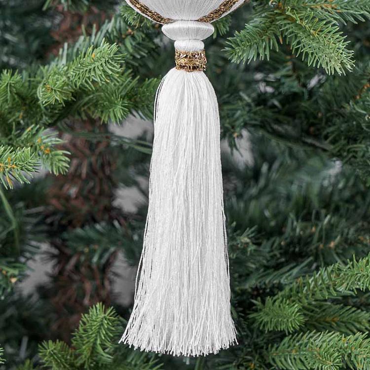 Новогодняя подвеска Белый шар с золотым узором и кисточкой Golden Ornament Ball With Tassel White 9 cm