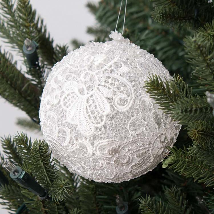 Белый ёлочный шар с кружевом, M Lace Ball White 10 cm