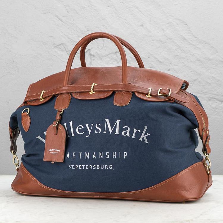 Синяя с коричневым кожаная дорожная сумка Воллисмарк Walleysmark Weekender Bag, Tarpaulin Navy