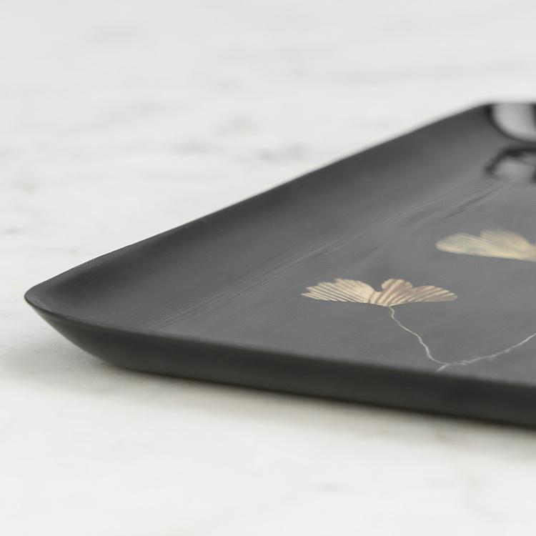Железный поднос с узором Гинкго чёрно-золотистого цвета Ginkgo Black And Gold Trinket Tray