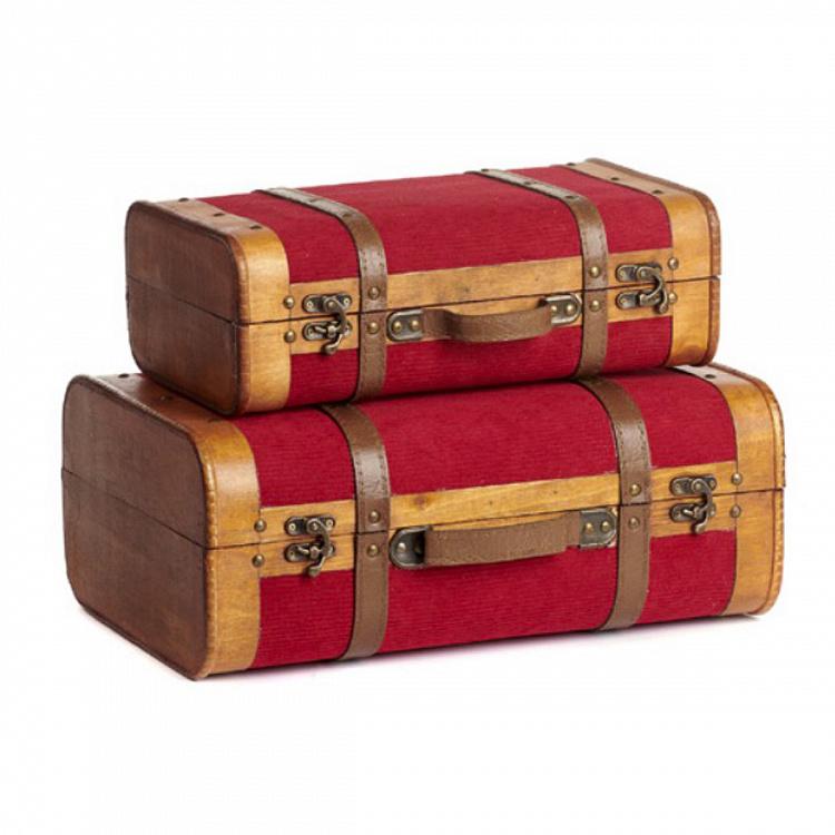 Набор из двух декоративных чемоданов с красным вельветом Set Of 2 Wood Velvet Suitcase Boxes Red