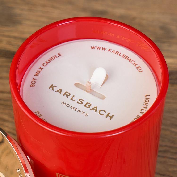 Арома-свеча в красном стакане с золотой крышкой Цветы апельсина Aroma Candle In Red Glass With Gold Lid Orange Blossoms