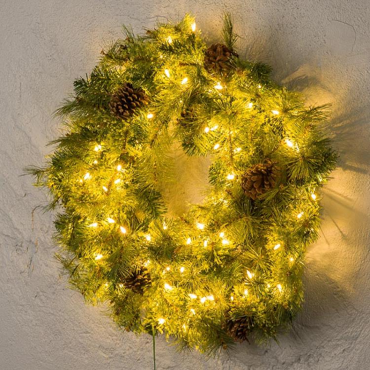 Венок с сосновыми шишками и гирляндой 100 Led Pinecone Wreath Green 76 cm