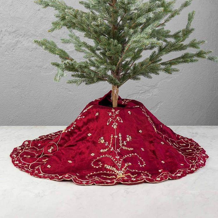 Бордовый коврик-юбка под ёлку с золотым узором Golden Pattern Christmas Tree Skirt Burgundy 105 cm