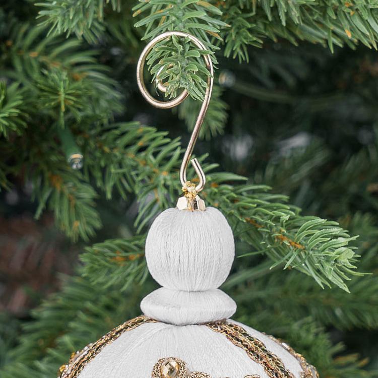 Новогодняя подвеска Белый шар с золотым узором и кисточкой Golden Ornament Ball With Tassel White 9 cm
