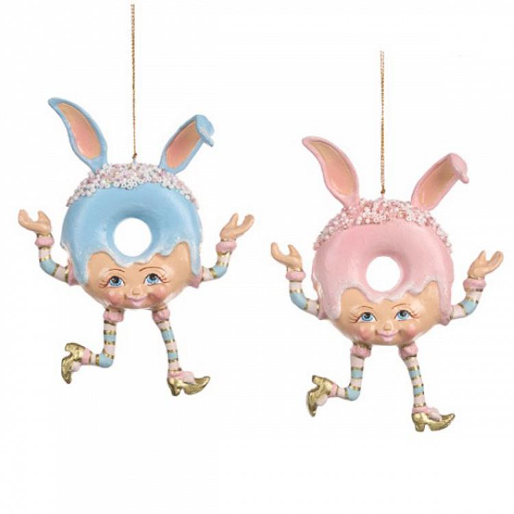 Набор из двух ёлочных игрушек Кролики-пончики Set Of 2 Candy Rabbit Donuts Blue Pink 14,5 cm