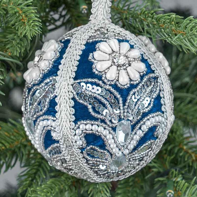 Ёлочный шар Бархатный с пайетками и стразами Silver Sequin Pattern Velvet Ball Blue 10 cm