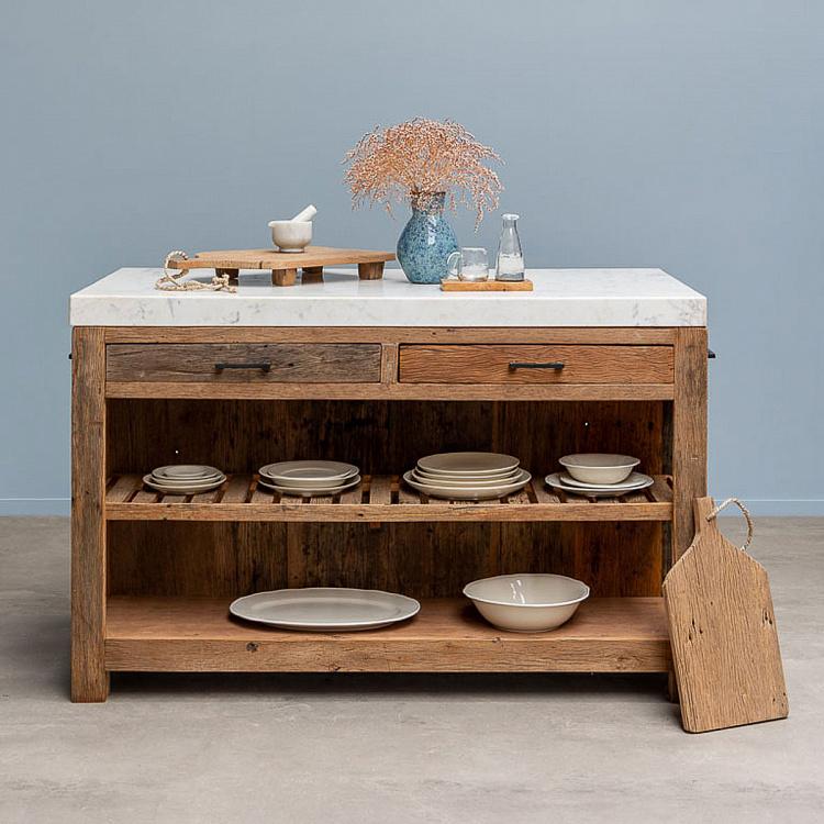 Кухонный стол-остров с мраморной столешницей Грета Greta Marble Top Kitchen Counter Reclaimed Wood