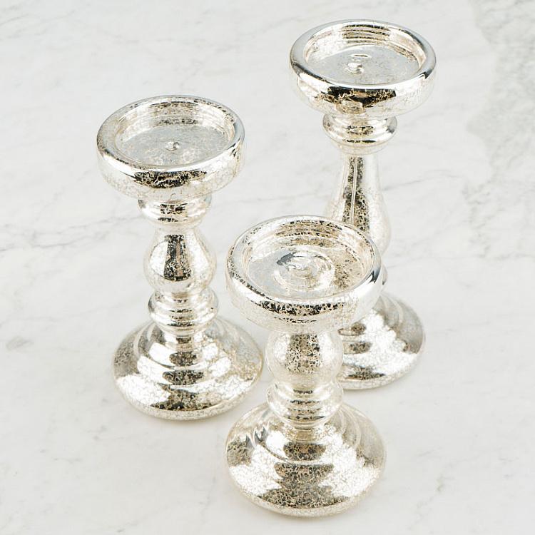 Набор из трёх подсвечников цвета шампань Set Of 3 Glass Antique Candle Holder Silver Champagne